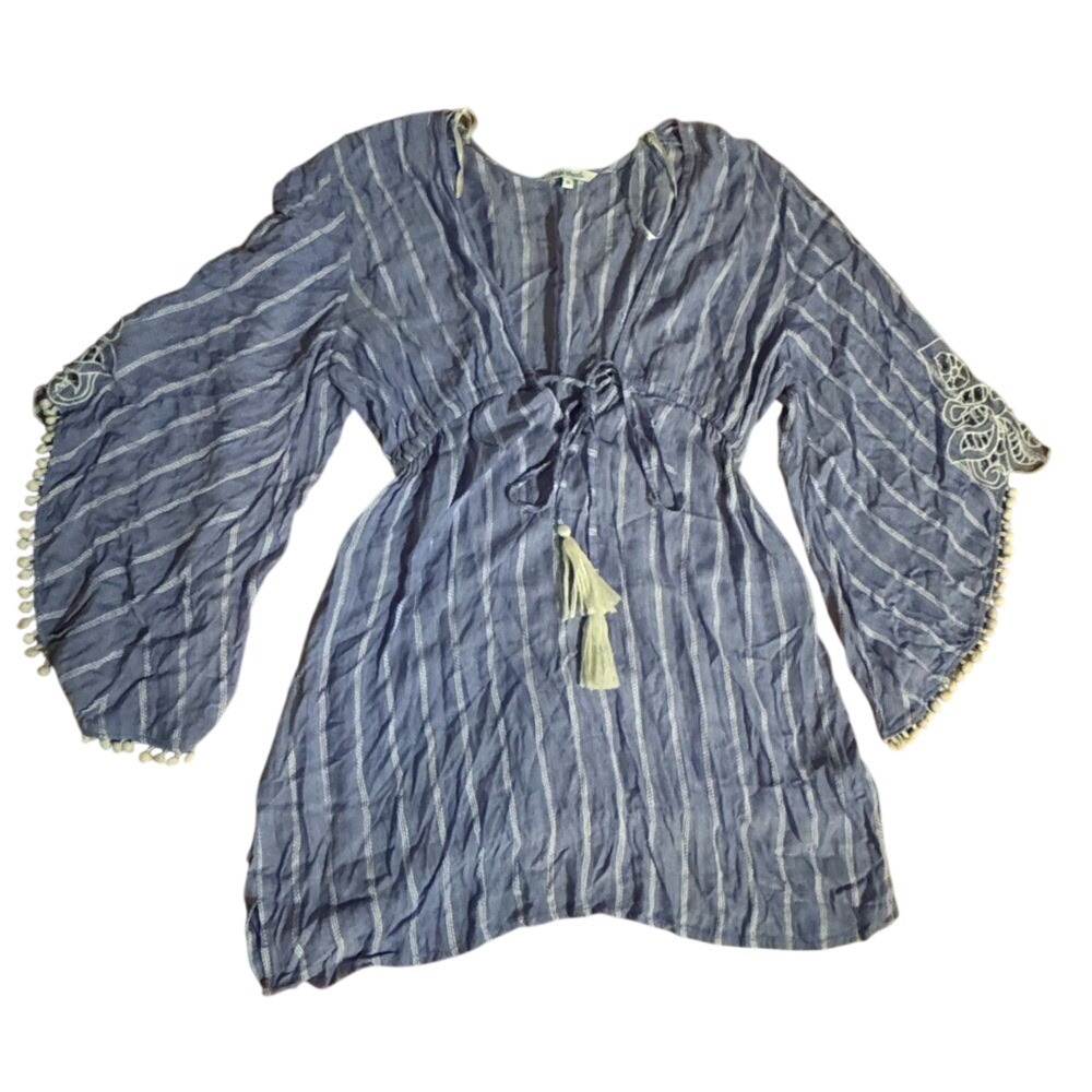Blue Island Indigo Striped Crochet Mini Dress Bohemian Resort Nautical Coverup